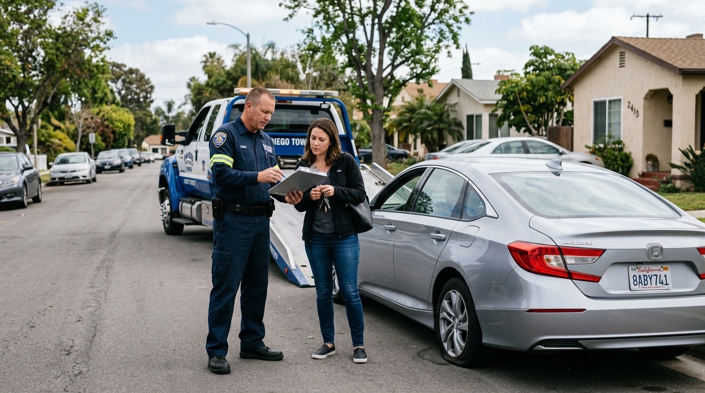 Twin Cities tow operator and customer discussing service options on a freeway shoulder