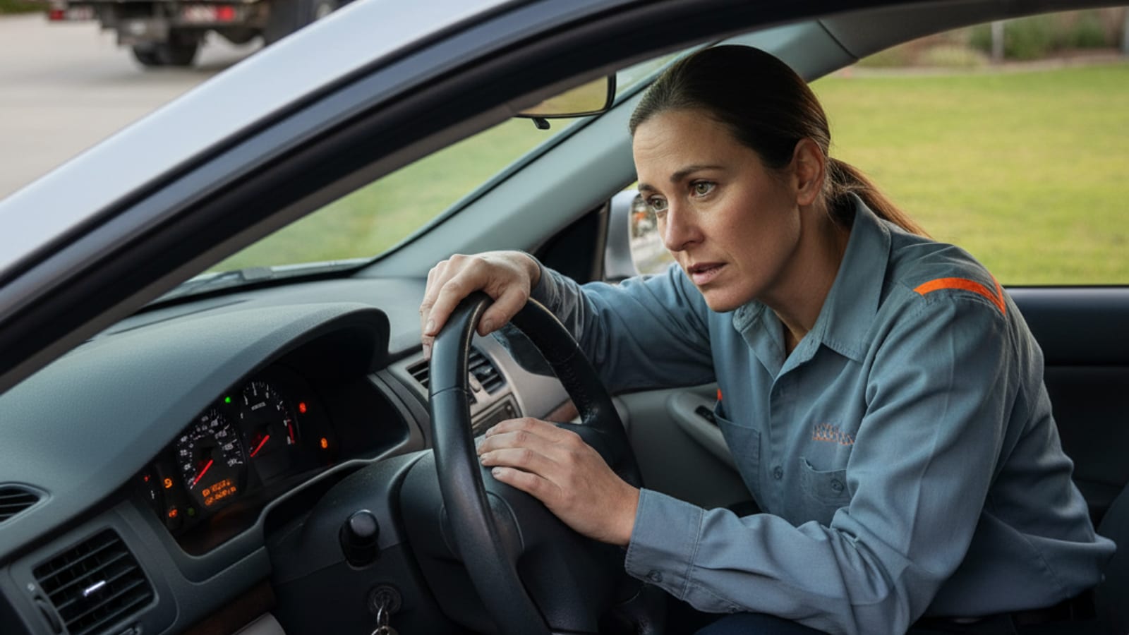 Driver checking dashboard warning lights on a parked car in a Minneapolis driveway