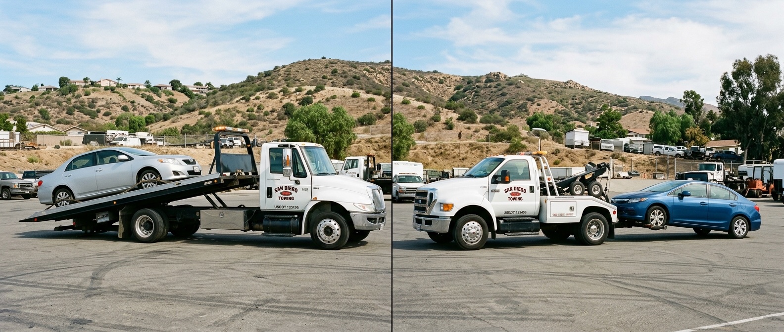 Side-by-side comparison of a flatbed tow truck and a wheel-lift tow truck loading vehicles in a Minneapolis service yard