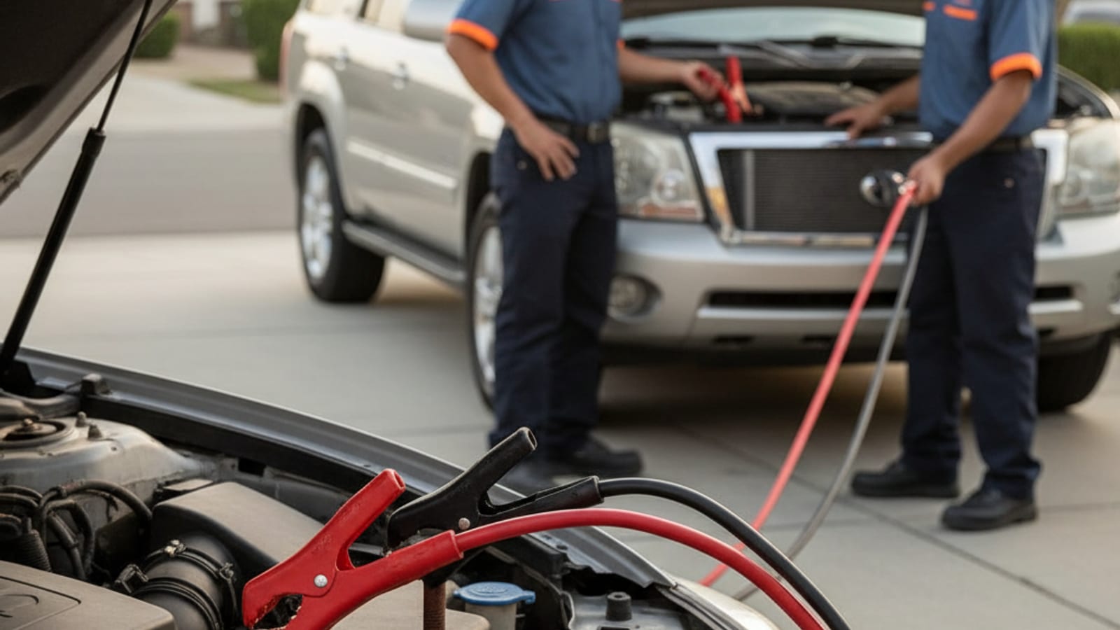 Close-up of jumper cables connected between two car batteries with the donor vehicle running in a Minneapolis driveway
