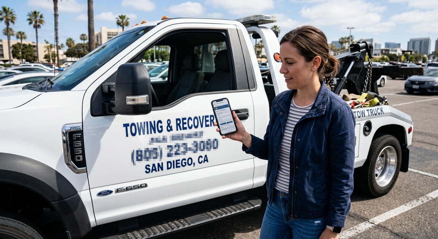 Customer checking a tow operator's credentials on a smartphone in a Minneapolis parking lot