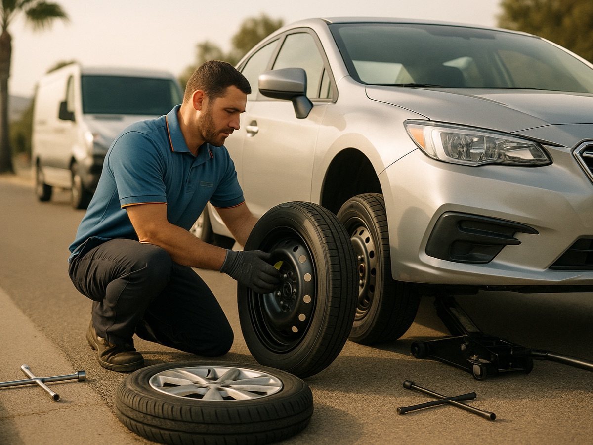 Operator installing a spare tire on a sedan in a Twin Cities lot