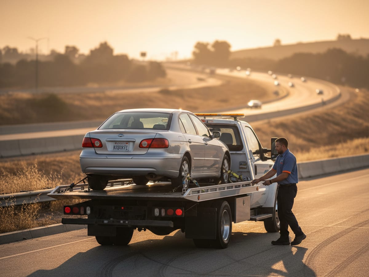 A flatbed tow truck on a Minnesota highway heading out of the Twin Cities