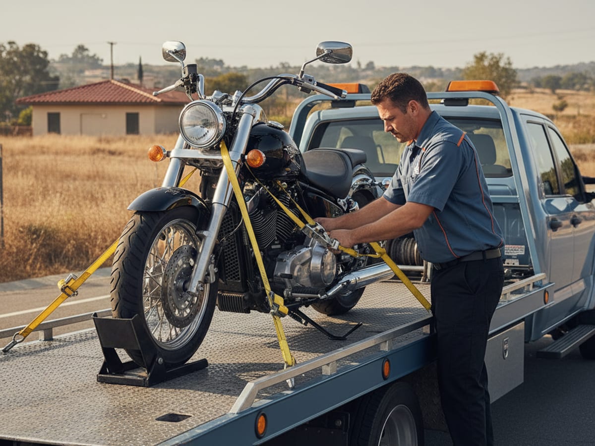 Sport bike chocked and soft-strapped on a low-deck flatbed