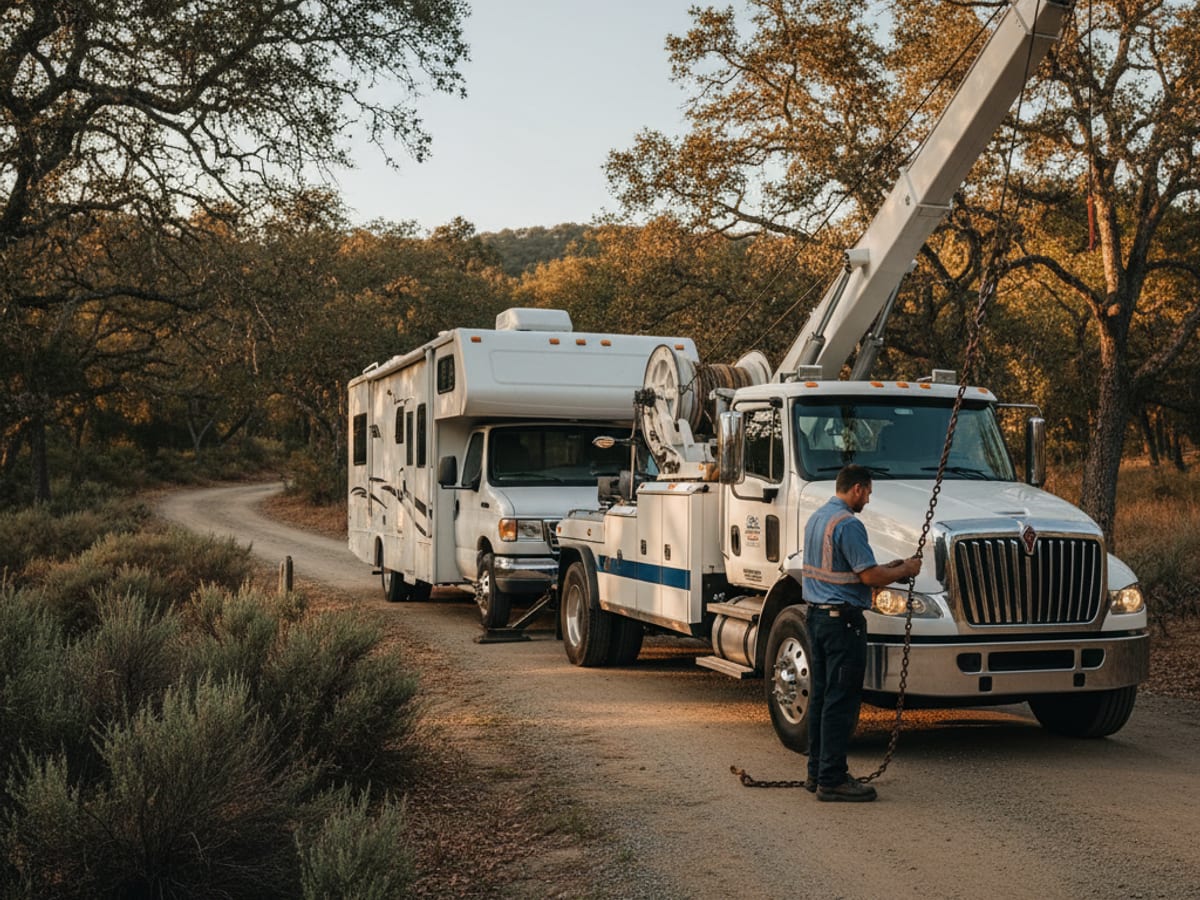 Heavy wrecker lining up to a Class C motorhome on a Twin Cities shoulder