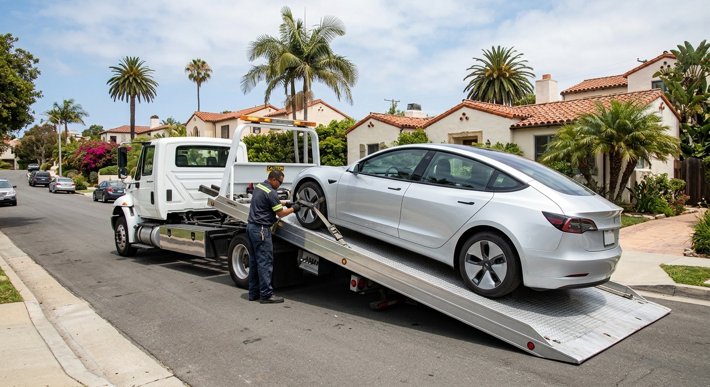 An electric vehicle loaded onto a flatbed tow truck in the Twin Cities