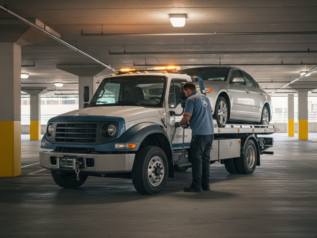 Wheel-lift tow truck recovering a sedan from a narrow Twin Cities residential street
